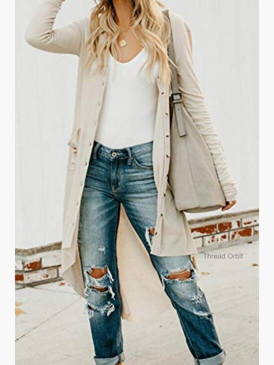 Long Sleeve V-Neck Open Front Cardigan with Pockets High Low Hem - Picture 5 of 7